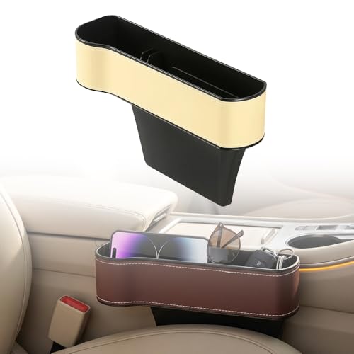 Car Seat Gap Filler Organizer, 2026 New Premium Leather Console Organizer for Holding Phone, Sunglasses, Auto Console Side Storage Box with Cup Holders 2 Seat Hooks for Drink (Beige, Driver's Seat) - color: Beige, size: Driver'S Seat