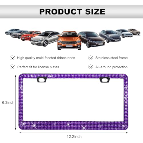 DXNQ Bling License Plate Frame, Sparkly Rhinestone Diamond License Plate Cover with Crystal Screws Caps, Glitter Crystal Stainless Steel License Plate Holder for Women, Car Accessories (Purple) - color: Purple