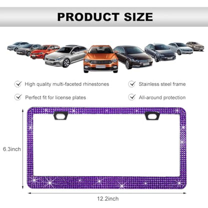 DXNQ Bling License Plate Frame, Sparkly Rhinestone Diamond License Plate Cover with Crystal Screws Caps, Glitter Crystal Stainless Steel License Plate Holder for Women, Car Accessories (Purple) - color: Purple
