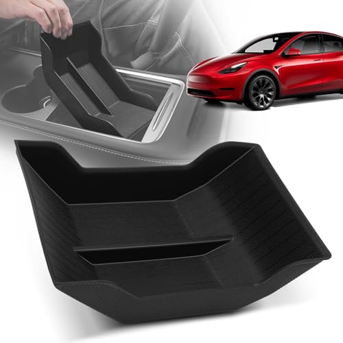 YHTAUTO Center Console Organizer Tray Fit for Tesla Model 3 2021-2023 Model Y 2021-2024, TPE Center Control Console Lower Bottom Storage Box with Non-slip Armrest - Black - color: Center Console Lower Bottom