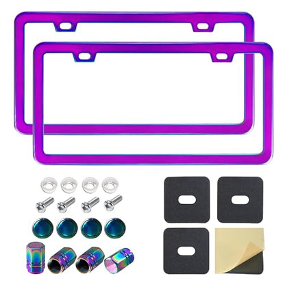 Iridescent License Plate Frame, 2 Holes Fashion Purple Stainless Steel Mirror Polish Holder, 2 Pack Waterproof Rust-Proof Universal US Car Frame, Including Screws, Caps and Rattle Proof Pads - color: Iridescent