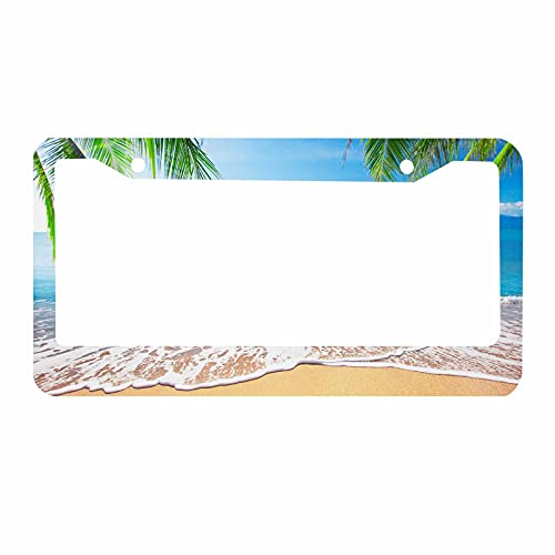 Decorative License Plate Frame Palm Trees with Tropical Ocean Beach Scene Car Tag Frame Aluminum Auto License Plate Holder for Men Women - color: Multi-0008