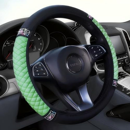 Soft Leather Car Steering Wheel Cover, Universal 15 Inch Colorful Rhinestones Anti-Slip Elastic Steering Wheel Covers for Most Cars, Sparkly Crystal Diamond for Women Girls (Green) - color: Green