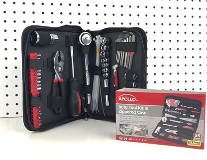 Apollo Tools 56 Piece Compact Metric Auto Tool Set in Zippered Case, Small Mechanic Tool Set for Car Emergency, Motorcycle Repair on the Road, Great for Travel Tool Needs - Red - DT9775 - size: 56 Piece, style: Metric (Automotive)