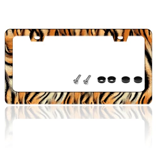 Tiger License Plate Frame Funny Tiger Skin Stripe License Plate Holder for Front or Rear Car Tags Reusable Durable Stainless Steel Car Decoration with Screws 6.3 X 12.2 Inch for Men Women - color: Tiger Skin Stripe