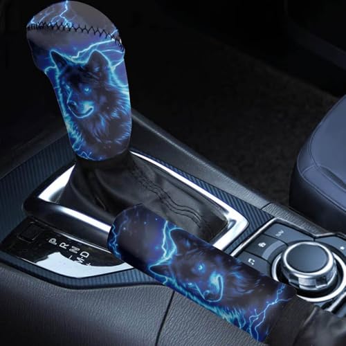 KEIAHUAN Blue Wolf Car Interior Accessiores for Men Car Handbrake & Gear Shift Cover Set Non Slip & Comfort Universal Anti-Scratch Shift Gear Knob Covers - color: Blue Wolf Print
