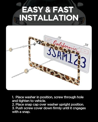 Leopard License Plate Frame 2 Pcs, Stylish Handcraft Rhinestone Diamond & Aluminum Chrome Body, Standard Durable Bling License Plate Frames Covers for Women, 4 Crystal Caps with Screw