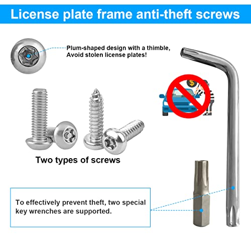 YALOK Anti Theft License Plate Screws Kits- Rustproof Stainless Steel Car Tag Plate Mounting Hardware, M6 (1/4") Tamper Proof Fastener Nut, Caps Cover for Front Rear Frame Holder Mounting（Silver-Set1）
