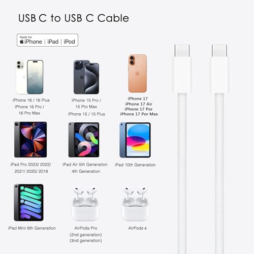 5FT USB C to USB C Woven Cable for iPhone 15/16/17, 16/15 Pro Max, Plus, 17E/16E,Air Car Carplay Charger Cord, AirPods 4,AirPods Pro (2nd/3rd Gen) Fast Charging Cable, iPad Pro/ iPad Air Charger Cable - size: 5ft, style: USB C to USB C