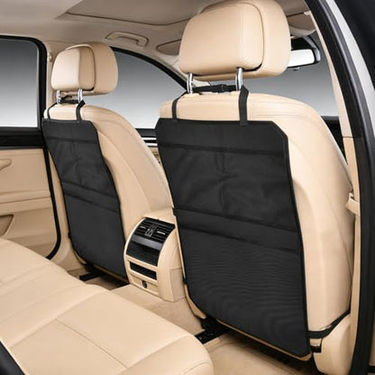 Back Seat Cover for Kids – 2 Mesh Pockets + 1 X-Large Storage Organizer, Waterproof Car Seat Back Protector for Vehicles, Protects Upholstery from Dirt, Mud & Scratches, Black (2)