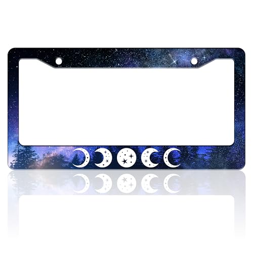 Moon Phases License Plate Frame Starry Sky Forest Moon License Plate Holder for Front or Rear Car Tags Stainless Steel Funny Car Decoration with Screws 6.3 X 12.2 in - color: Moon Phases