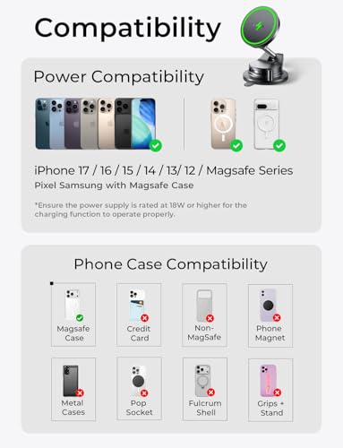 LISEN 15W Magsafe Car Mount Charger, Magnetic Wireless Car Charger, Suction Phone Mount, Vacuum Magnetic Phone Holder for Car Charger for iPhone 17 Pro Max 16 15 14 13 12, Samsung,Pixel, Gifts for Mom