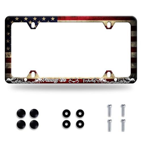 Funny License Plate Frame Fishing American Flag License Plate Frames Fish Auto Accessory Stainless Steel Colorful License Plate Decoration for Women Men 12 x 6 Inch - color: Funny Fishing With American flag