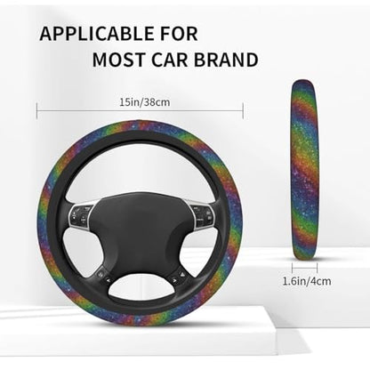 Rainbow Steering Wheel Cover Elastic Non-Slip Car Steering Wheel Covers with Seat Belt Shoulder Pad for Women Men - color: Rainbow