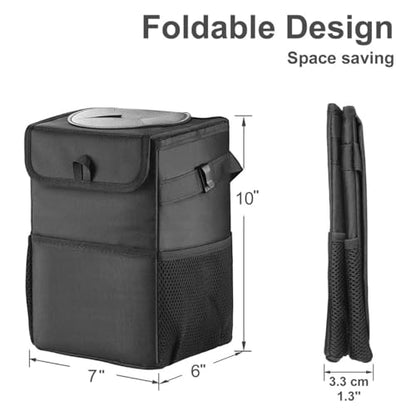 Car Trash Can with Lid and Storage Pockets - 100% Leak-Proof Organizer, Multipurpose Trash Bin for Car, Black