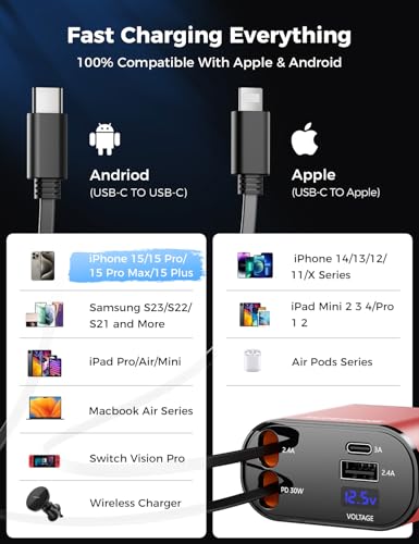 SUPERONE 【Upgraded】 Retractable Car Charger 4 in 1, Fast Car Phone Charger with Cord 2.6ft, USB C and Apple Car Charger Adapter, Compatible with iPhone 17/16/15/15 Pro Max/14/13/12/11, Galaxy, Pixel - color: Red