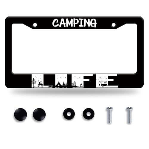 Camping Life License Plate Frame Forest Night Deer License Plate Frames Stainless Steel Accessories Cars Decor with 2 Holes and Screws Fits Standard US CA Vehicles Size 12.2 x 6 Inches - color: Camping life