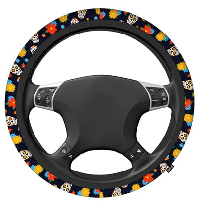 Swono Day of The Dead Sugar Skull Universal Neoprene Steering Wheel Cover Colorful Sugar Skull and Flower 15 Inch Steering Wheel Covers,Printed Steering Wheel Elastic Protection for Women and Girls - color: multi-058