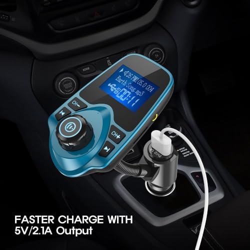 Nulaxy Bluetooth Car FM Transmitter Audio Adapter Receiver Wireless Handsfree Voltmeter Car Kit TF Card AUX 1.44 Display – KM18 Peacock Blue - color: Blue