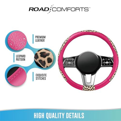 Road Comforts Steering Wheel Cover - Made with PVC Leather and Leopard Fabric - Universal 14 1/2 inches to 15 inches for Most Automotive Steering Wheel - Cheetah Print -Hot Pink - color: Round-Hotpink