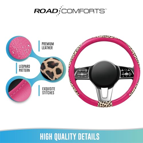 Road Comforts Steering Wheel Cover - Made with PVC Leather and Leopard Fabric - Universal 14 1/2 inches to 15 inches for Most Automotive Steering Wheel - Cheetah Print -Hot Pink - color: Round-Hotpink