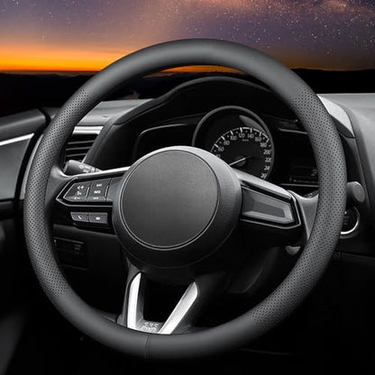 Carodi Leather car Steering Wheel Cover, Ultra-Thin, Comfortable, Non-Slip, Breathable, Universal 15 inches (Black) - color: Black-A