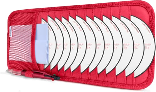 CD Case Holder for Car - Sun Visor Organizer for 12 CD’s/Dvd’s, 1 Mesh Pocket & 1 Horizontal Pen Holder - Safe, Ergonomic Design (Red) - color: Red