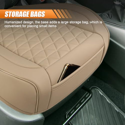Luxury Faux Leather Car Seat Cover, Anti-Slip Waterproof Universal Front Bottom Seat Protector with Storage Pocket, Triangular Pattern Vehicle Seats Cushion for Sedans, SUVs, Trucks (Beige) - color: Beige