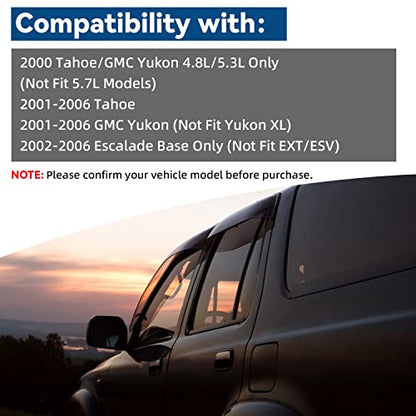 4pcs Window Visors Compatible with Tahoe Yukon 2000-2006 Compatible with Escalade Base 2002-2006 Front+Rear Smoke Sun/Rain Guard Outside Mount Tape-On - size: Compatible with GMC 2000-2006