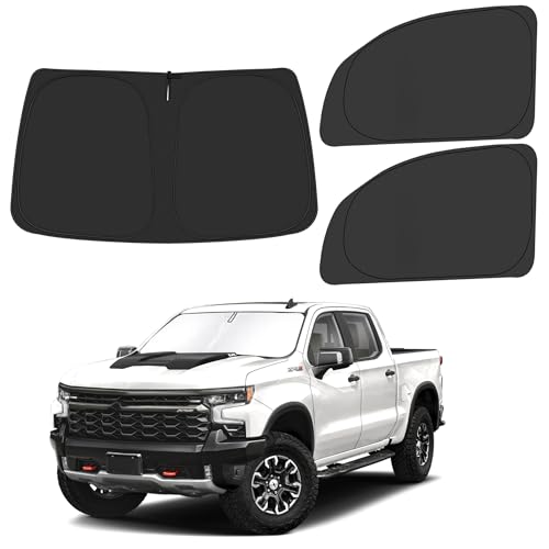 Front Windshield ＆ Side Window Sun Shade for 2019-2025 Chevy Silverado 1500, Double Cab Crew Cab 4Door, Foldable Window Sunshade Sun Visor Protector, Window Shades Blocks UV Rays, Pack of 3 - size: Silver & Black-Fit 2019-2025 Chevy Silverado 1500