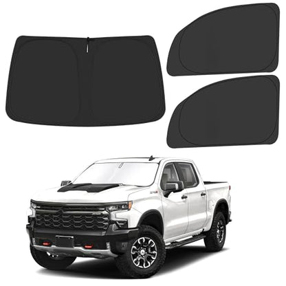 Front Windshield ＆ Side Window Sun Shade for 2019-2025 Chevy Silverado 1500, Double Cab Crew Cab 4Door, Foldable Window Sunshade Sun Visor Protector, Window Shades Blocks UV Rays, Pack of 3 - size: Silver & Black-Fit 2019-2025 Chevy Silverado 1500