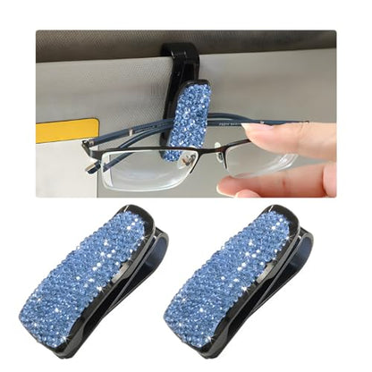 Wevdn 2 PCS Car Sun Visor Glasses Holder, Fashion Bling Car Eyeglasses Sunglasses Hanger for Women Girls, Glasses Holder Clip Hanger Mount with Ticket Card Clip, Car Accessories (Light Blue) - color: Light Blue