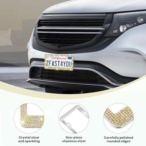 QUANQIUFEI 2 Pack Bling License Plate Frames, Sparkly Rhinestone Diamond Car License Plate Cover for Women, Stainless Steel Car Accessories with Glitter Crystal Caps (Golden) - color: Golden