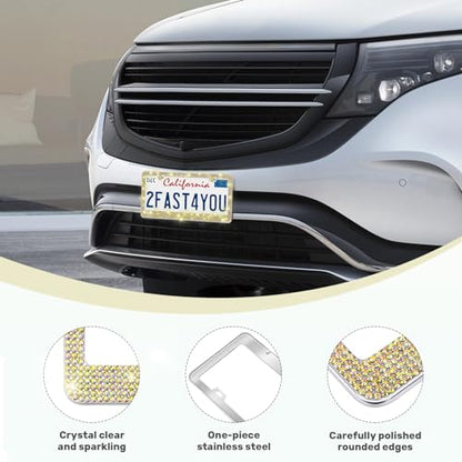 QUANQIUFEI 2 Pack Bling License Plate Frames, Sparkly Rhinestone Diamond Car License Plate Cover for Women, Stainless Steel Car Accessories with Glitter Crystal Caps (Golden) - color: Golden
