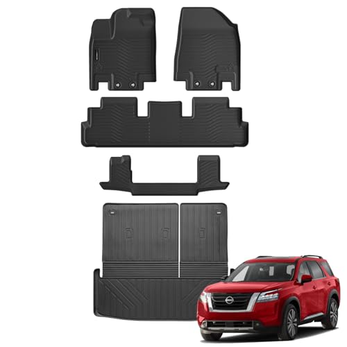 Auxko All Weather Floor Mats Cargo Mat Back Seat Mat Fit for Nissan Pathfinder 7 Seat 2026 2025-2022 TPE Floor Liner Trunk Mat Pathfinder Accessories All Season Odorless Anti-Slip Black - size: 1) pathfinder 7p|2022-2026|all set