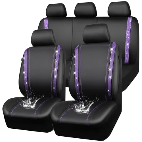 CAR PASS Bling Diamond Car Seat Covers Full Set,Shining Rhinestone Waterproof Faux Leather,Rear with Zipper,Universal Fit Automotive Glitter Crystal Sparkle Strips for Women,Violet Purple Rhinestone - color: Black Violet Diamond, size: Full Set