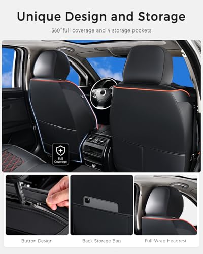 Huidasource Seat Covers, Nappa Leather Car Seat Covers, Velcro Adjustable, Compatible with Airbags, Child Seat, Seat Belts, Fit for Most Cars, Vans, Trucks, SUVs (Full Set/Black&Red) - color: 01FS# Black & Red01, size: 5pcs Full Set
