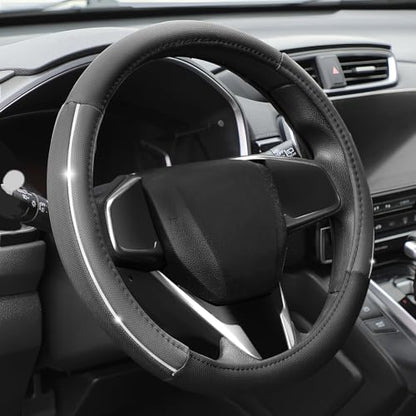 Auto Dynasty Steering Wheel Cover, Breathable Microfiber Leather Car Steering Wheel Protector with Silver Strip, Anti-Slip Inner Rubber Lining, [14 1/2 to 15 Inches] Universal Fit Cars Trucks SUVs - color: Silver Strip