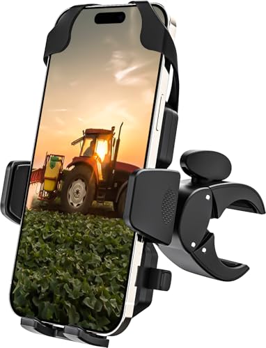 Tractor Phone Clamp Mount, [Upgraded Secure Tether] Stable Cellphone Clip for Forklift/Farming Machine, Front Loader Clip Holder for iPhone 16 15 14, Galaxy S25 S24, 4-7" Phone with Thick Case
