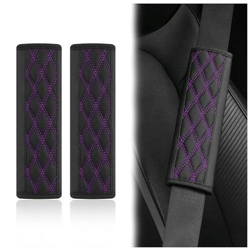 2PCS Car Seat Belt Cover Pads,Leather Seatbelt Covers Protect Shoulder and Neck Car Accessories Interior,Universal Car Seat Strap Pads Car Decorations for Most Cars Trucks (Black/Purple) - color: Black/Purple