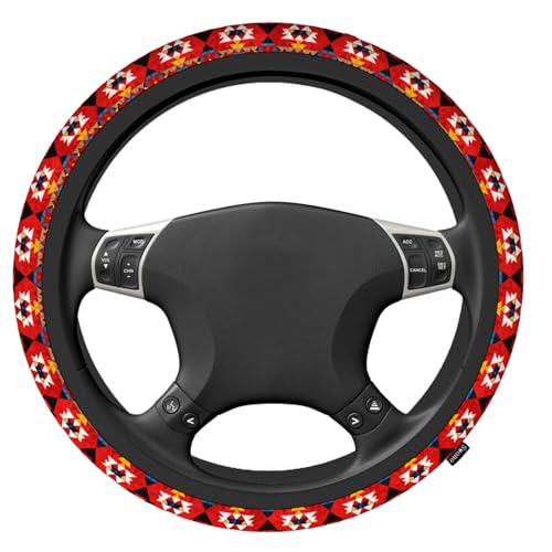 Swono Geometric Red Universal 15" Steering Wheel Covers Traditional Ethnic Tribal Colorful Geometric Pattern Cute Car Steering Wheel Cover for Men Women Girls Car Accessories - color: multi-048