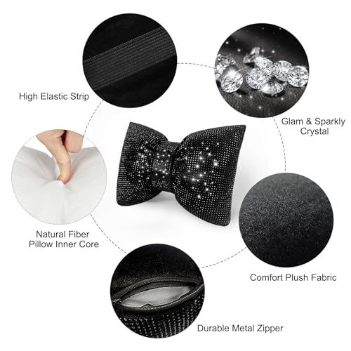 surpassme 2PCS Rhinestone Car Headrest Neck Pillow for Driving with Bling Bling Crystal Bow Pillow Car Accessories for Women (Black) - color: 2 Black Pillows