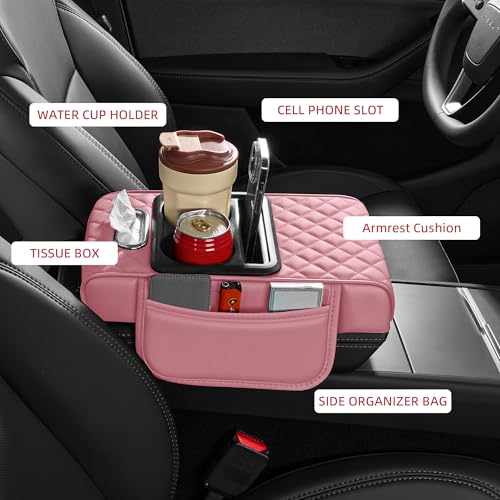 5 in 1 Car Center Console Cover, Armrest Pad with 2 Storage Pockets, Cup Holder, Tissue Box Slot, Phone Holder, Universal Car Interior Organizer (Pink) - color: Pink