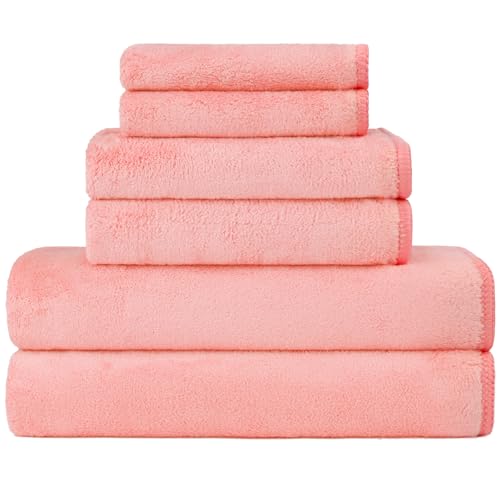 Orighty 6-Piece Towel Set - Soft & Lightweight - 2 Bath Towels, 2 Hand Towels, and 2 Wash Cloths - Absorbent & Quick Drying Microfiber Towel for Multipurpose, Bathroom, Gym, Sport, Yoga, Travel - Pink - color: Pink, size: 6 Piece Towel Set