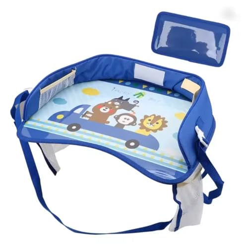 Kids Travel Tray for Car Seat – Toddler Lap Desk with Dry Erase Board, No-Drop Tablet Holder, Cooler Cup & Snack Storage, Road Trip Essentials for Airplane & Car Activities (Blue)