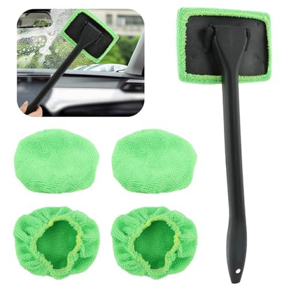 Car Windshield Cleaning Tool, Windshield Cleaner with 5 Reusable Microfiber Pads and Extendable Handle, Auto Glass Wiper Kit for Interior/Exterior Dirty Car Windows(Color:Green)