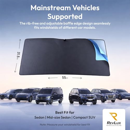 RevLux Car Windshield Sun Shade SUV & Sedan – UPF 2000+ Sun Protection & 99.95% UV Blocking Ice-Core Cooling Fabric | Zero Light Leakage Black Glue Layer | Heat Insulation Car Sun Shade (55"x31") - size: Medium – Sedan Fit (55"x31")