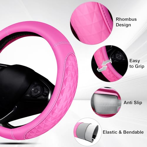 CAR PASS 3D Rhombus Pink Leather Steering Wheel Cover Car Accessories Set, Center Console Armrest Cushion with Storage Bags 2 Non-Slip Cup Coasters, 14.5-15in Cute Car Interior Sets, 4 PCS Hot Pink - color: Hot Pink