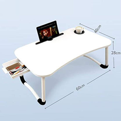 23.6'' Ergonomic Lap Desk with Storage Drawer & Cup Holder, Foldable Laptop Bed Table for Home Office, Gaming, Writing, Breakfast - Lightweight, Portable, Fits 18'' Laptops (White) - color: White