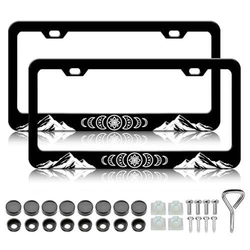 Mountain License Plate Frame - 2PCS Moon Phase Mountains Stainless Steel Metal License Plate Holder, Rust-Proof Waterproof Car Decorative Tag Frames - color: Moon Phase Mountains